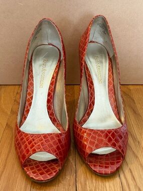 Enzo Angiolini Red Croc Patent Peep-Toe Heels